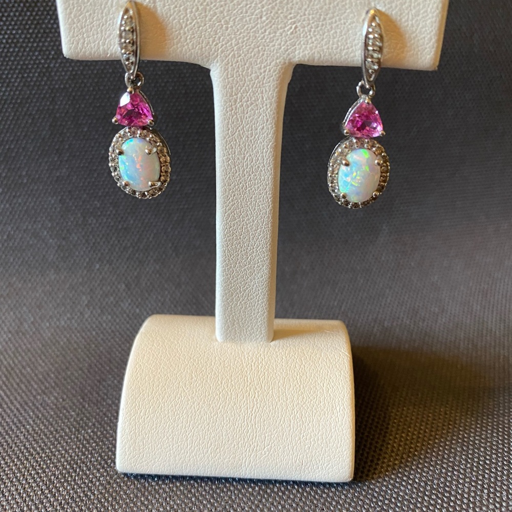 Opal and pink topaz S/S earrings - Picture 4 of 4
